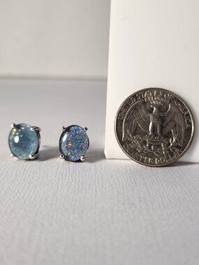 VTG Large Natural Blue Fire Opal  925 Sterling Silver Oval 10x7mm Stud Earrings